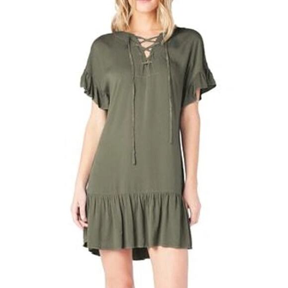 Michael Stars XS Ruffled Lace-up Mini Dress Short Sleeve Camo Green - Picture 3 of 11
